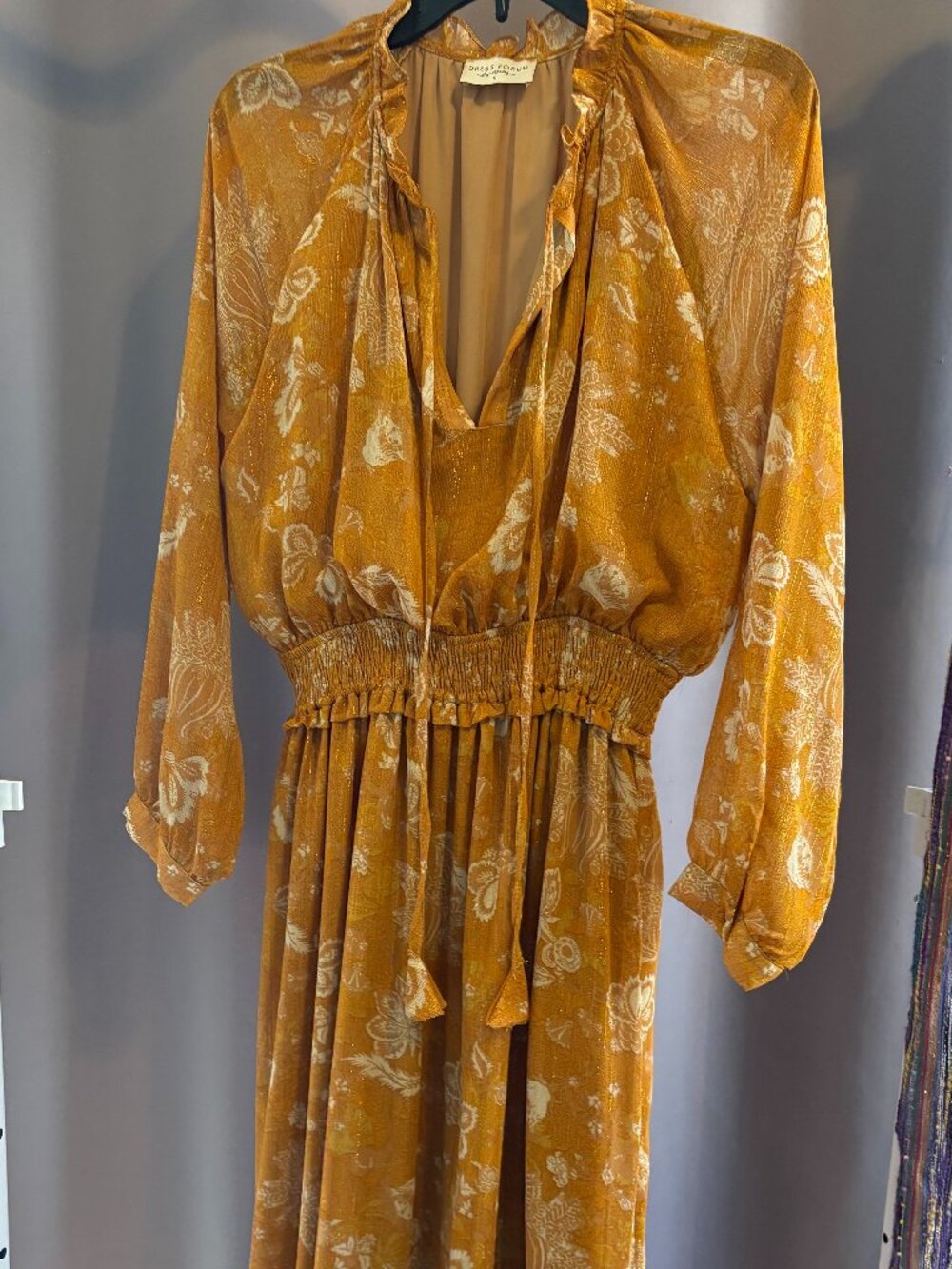 Dress Forum Mustard Floral Metallic Shimmer Boho Maxi Dress Long Sleeve Small